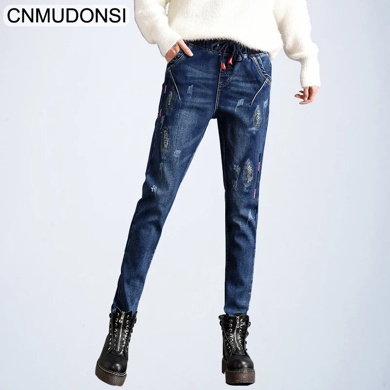 CNMUDONSI2019 New Women's Clothing Jeans Loose Wasit Plus Size Girls Korean Thin Casual Pants Students Leisure 26~32 | Женская