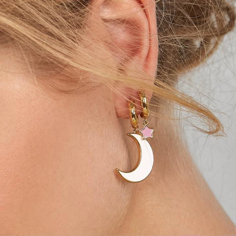 LUNA CHIAO 2020 Summer Jewelry Trendy Enameled Moon Star Drop Earring Mini Pendant Charm Earrings for Women | Украшения и