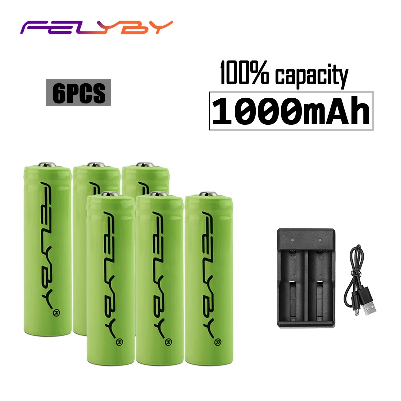 FELYBY 6 шт 14500 литий ионная аккумуляторная батарея AA 1000 mAh включает зарядное