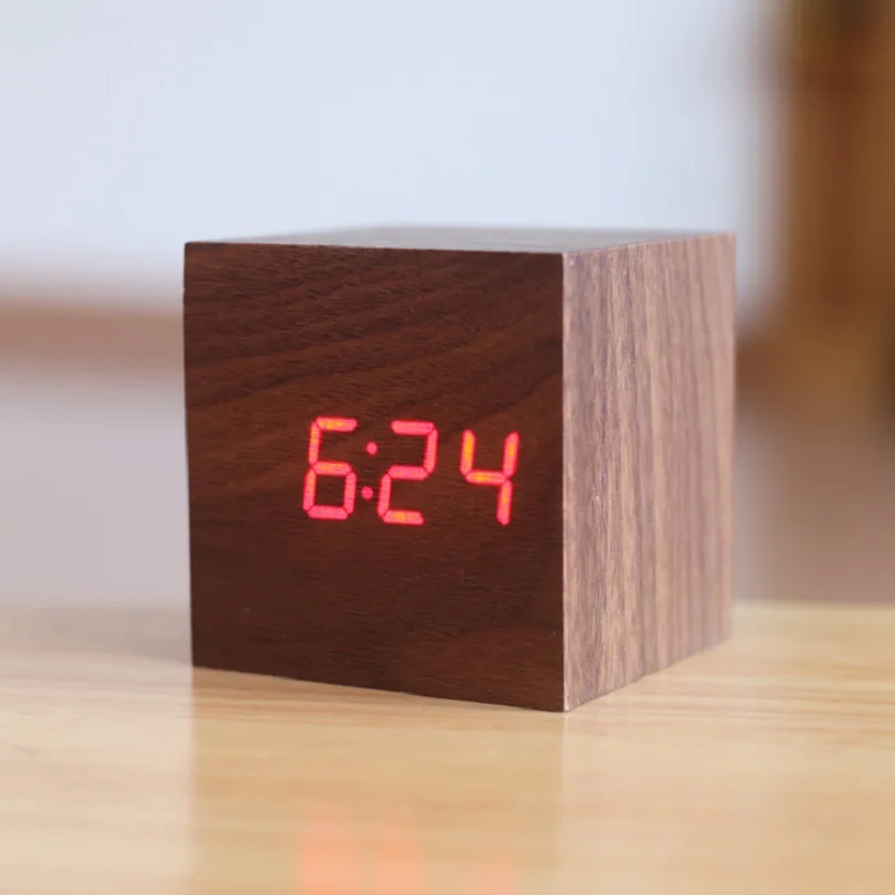 Кубический деревянный светодиодный Будильник управление звуками температуры