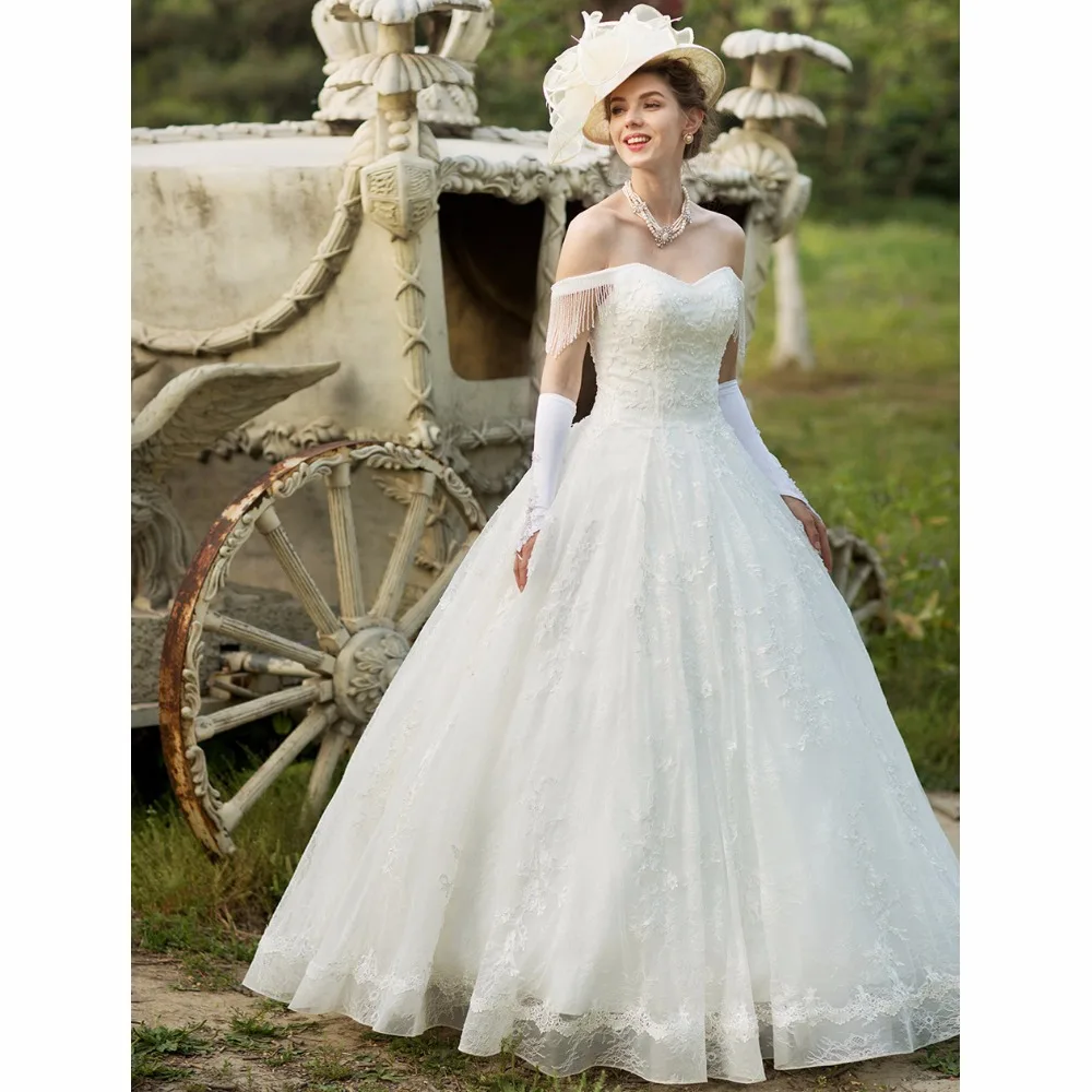 LAN Ting невесты бальное платье свадебное от плеча до пола Длина Кружево с Бисер