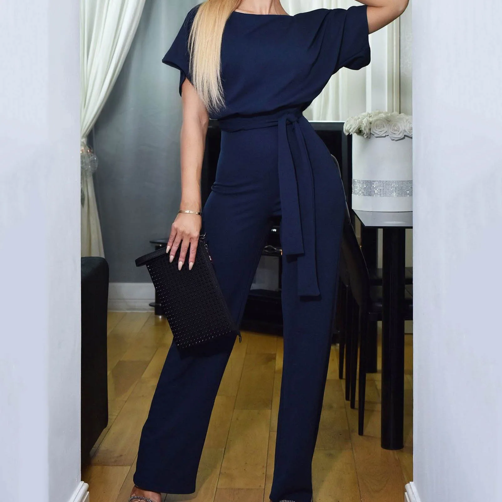 Женский однотонный комбинезон с бантом-пояса с бантом, элегантный повседневный шифоновый Облегающий комбинезон с коротким рукавом, женские комбинезоны, одежда