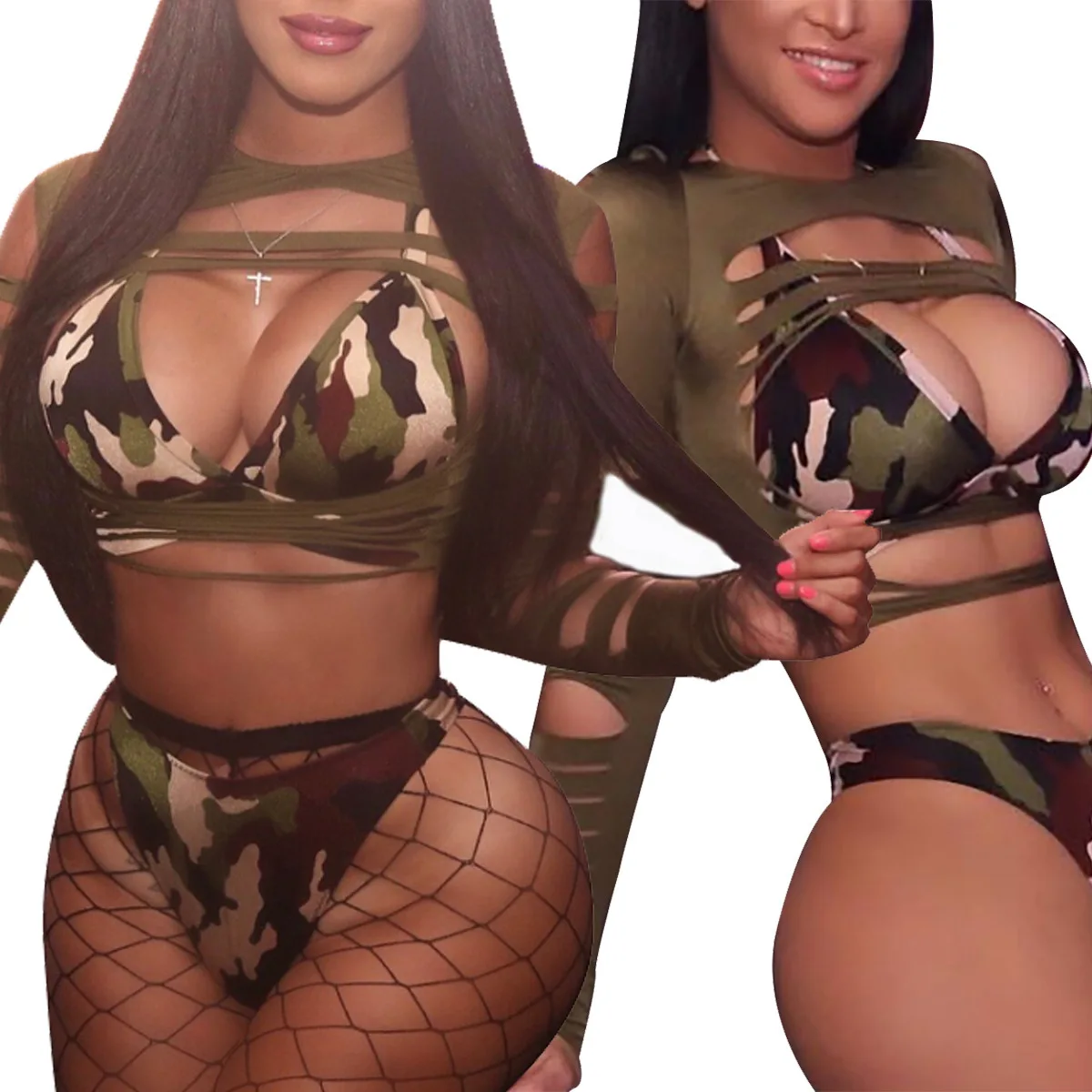 3 шт. рваные камуфляжные бикини с длинным рукавом купальники высокой посадкой для