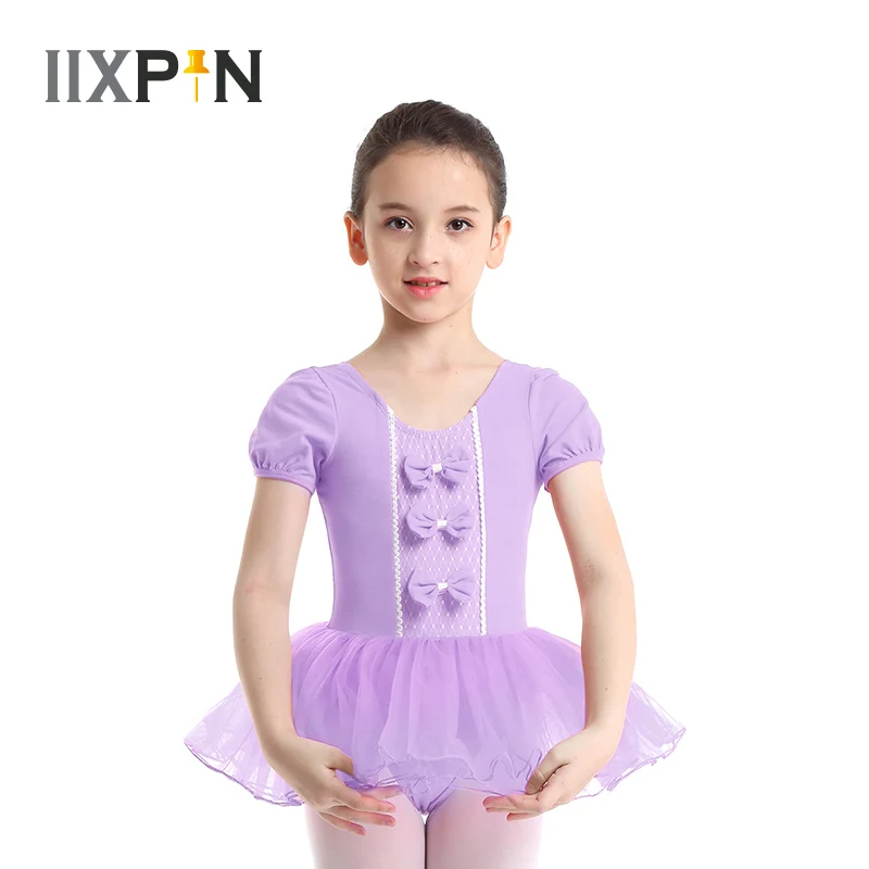 

Girls ballet dress for child dance costume ballerina Mesh Short Sleeves Bowknots Ballet Gymnastics Leotard Dress balletpakje
