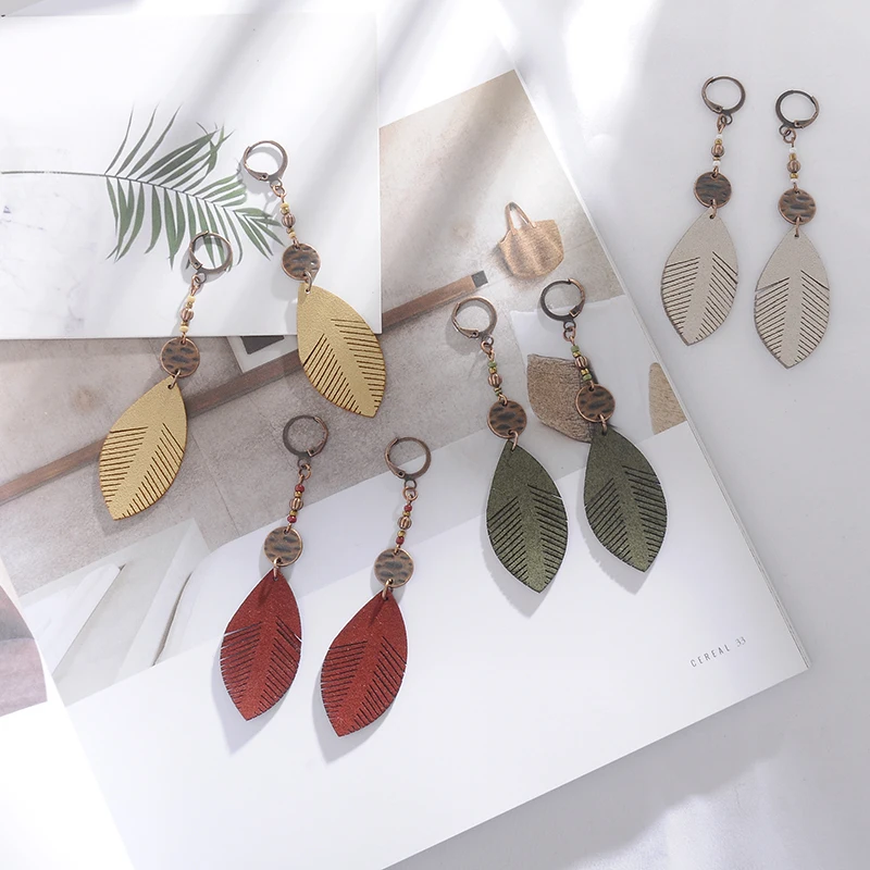Большие серьги в стиле бохо с кожаными листьями 2019 винтажные длинные капли