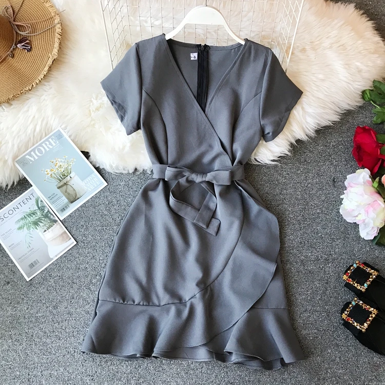 Серый ALPHALMODA женское винтажное короткое платье с неровным гофрированным поясом, женское сексуальное платье с v-образным вырезом для похудения и ягодиц - Цвет: Серый