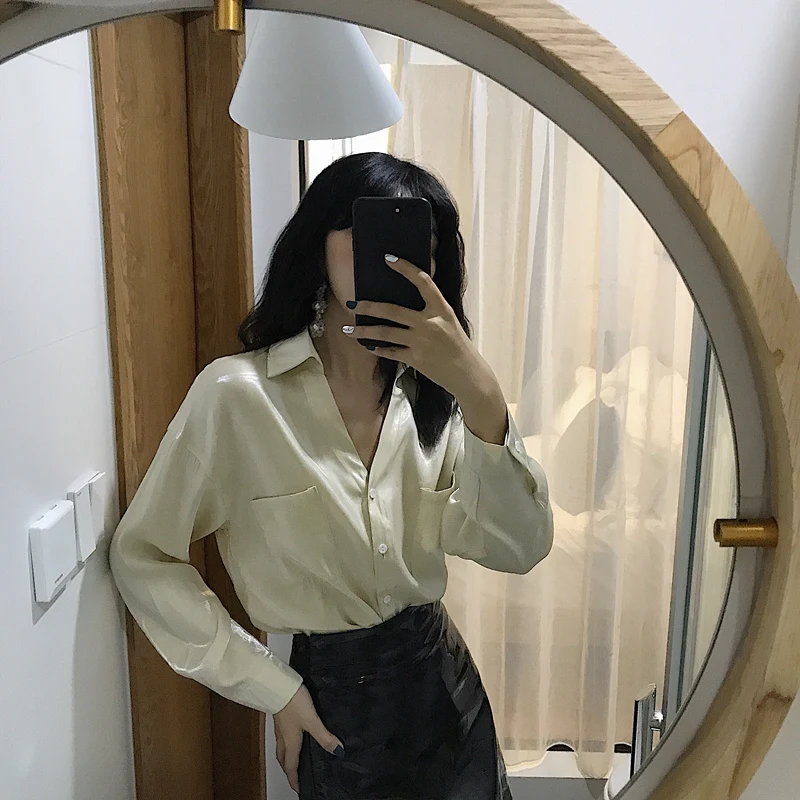 Осенние женские рубашки повседневные уличные топы с v-образным вырезом и