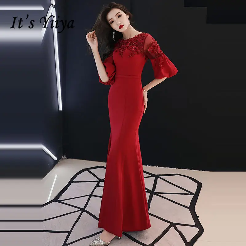 wine red It's Yiya вечернее платье аппликации бисером Расширенная книзу блуза с открытой спиной А-силуэта длиной до пола Вечерние платья SB018 robe de soiree - Цвет: wine red