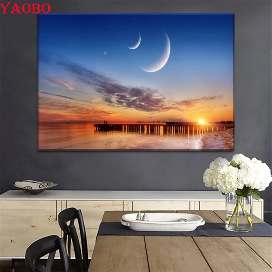

Full Square Round 3D Diamond Embroidery Moon sunset landscape Diy Diamond Painting Rhinestone Pictures Living room decoration