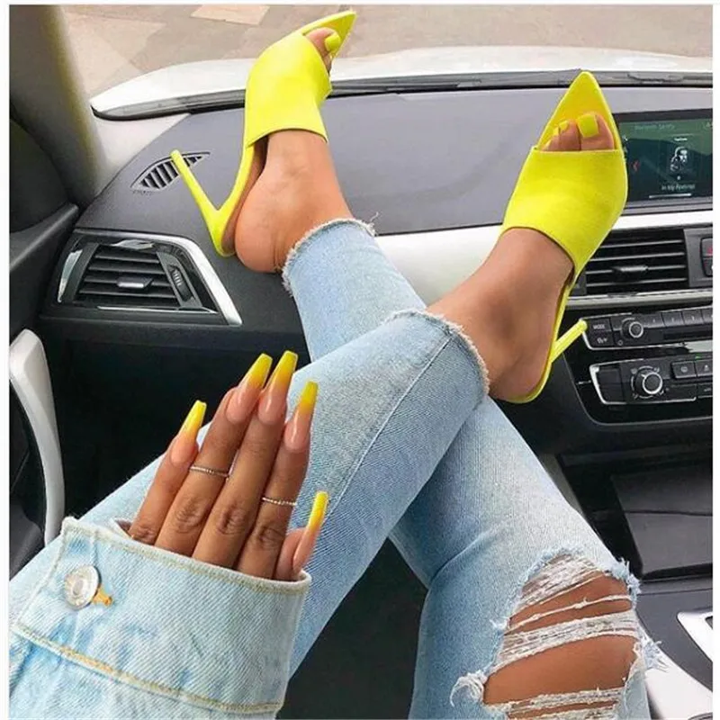 Summer Style Women Leopard High Heels Mules Pointed Toe Sexy Women Slides Female Thin High Heels Female Outdoor Slippers