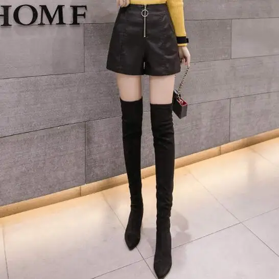 Женские шорты из искусственной кожи черные короткие с высокой талией и широкими