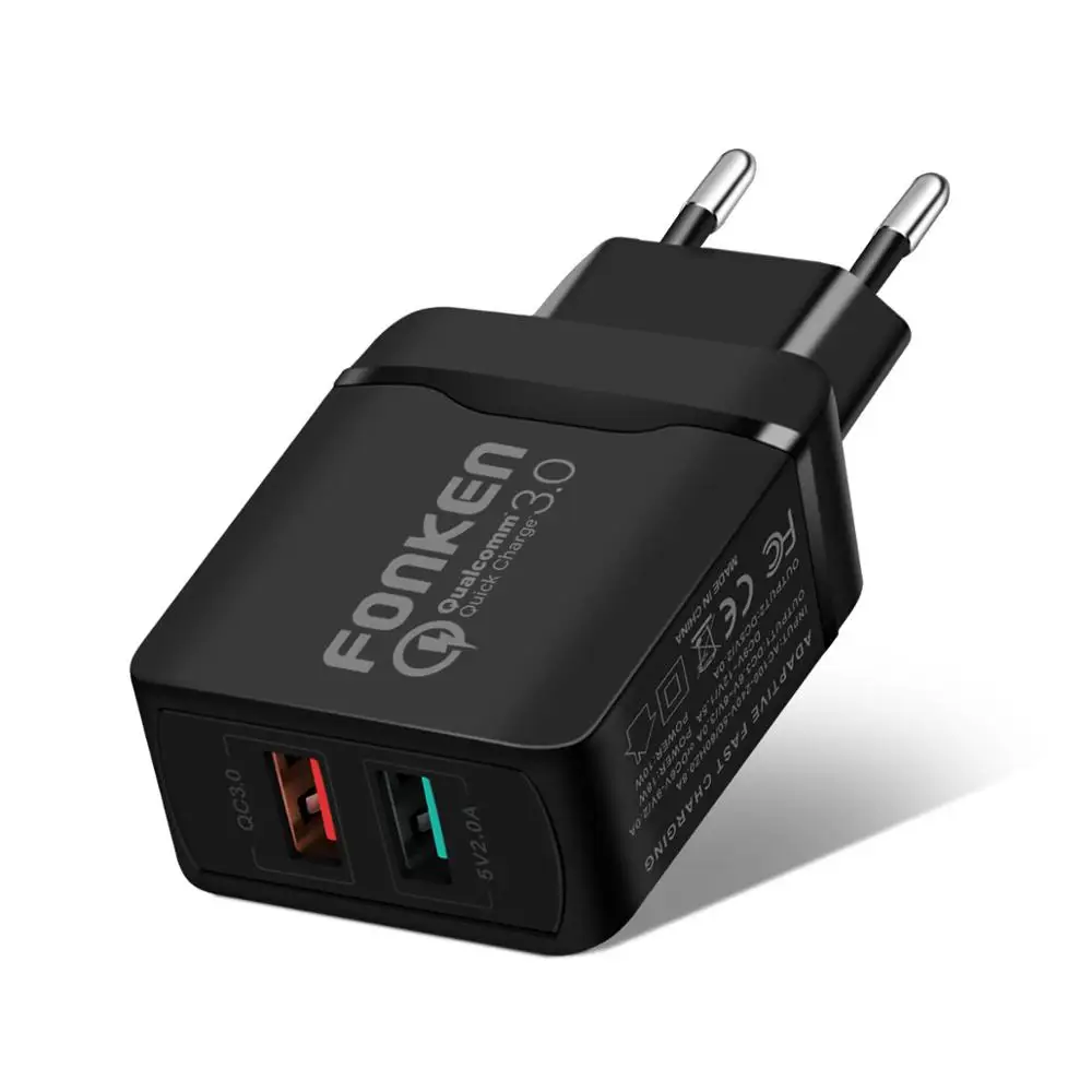 2 Port Black Charger FONKEN Dual USB зарядное устройство 28 Вт Быстрая зарядка 3,0 QC3.0 быстрое зарядное устройство для телефона 2 порта Портативный настенный адаптер для Android мобильного планшета - Тип штекера: 2 Port Black Charger