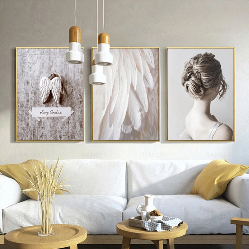 

Modern Nordic Portrait Wall Art Poster Canvas Painting Angel Feather Wings Murals Wall Painting For Living Room Decoration