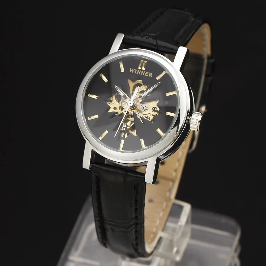 Победитель Марка Для женщин Часы скелет механические Женские часы черный