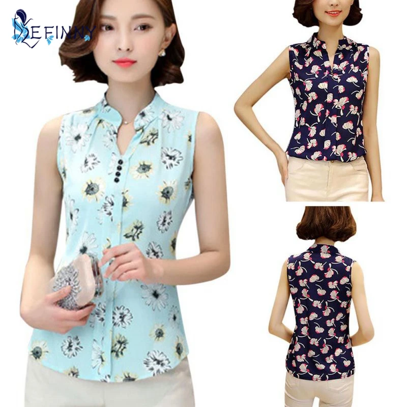 EFINNY Летние женские топы Повседневные безрукавные модные блузки с V-образным вырезом Рубашка из шифона с принтом Блузки для женщин Блузки M-XXL Белый.