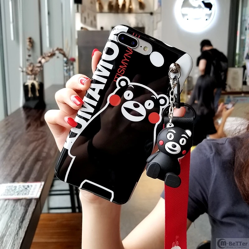 For iPhone X cartoon case Kumamon bear silicone back cover for 7/8 plus shell 6 6s plus+ cute toy holder + strap |