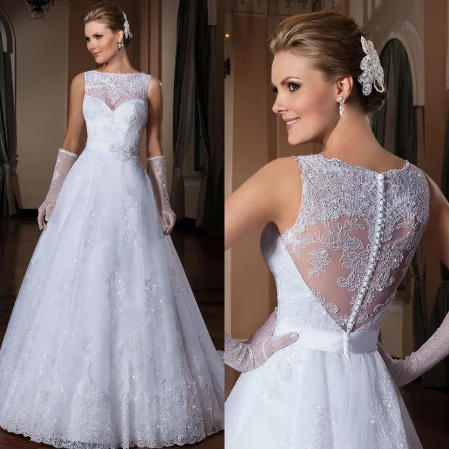 

Custom Made vestido de noiva 2014 A-Line See Through Back vestido de casamento sexy wedding dresses long train bridal gown