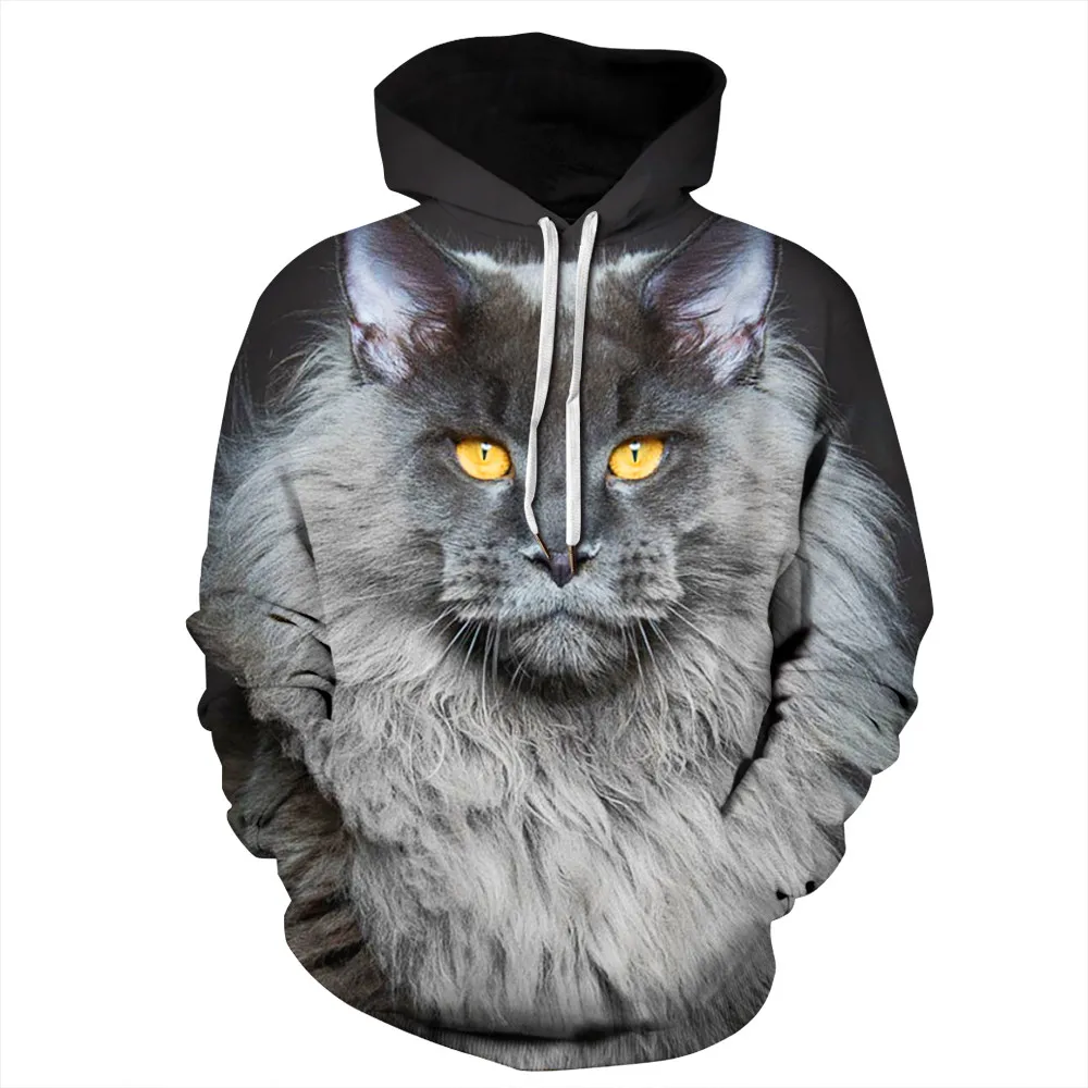 New Harajuku Sweatshirts with Hat Animals 3D Cat Printed Hoodies Casual Couple Clothes Oversized Tops | Женская одежда