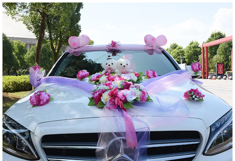 Свадебное украшение автомобиля шелковые цветы с медведем поддельные розы в