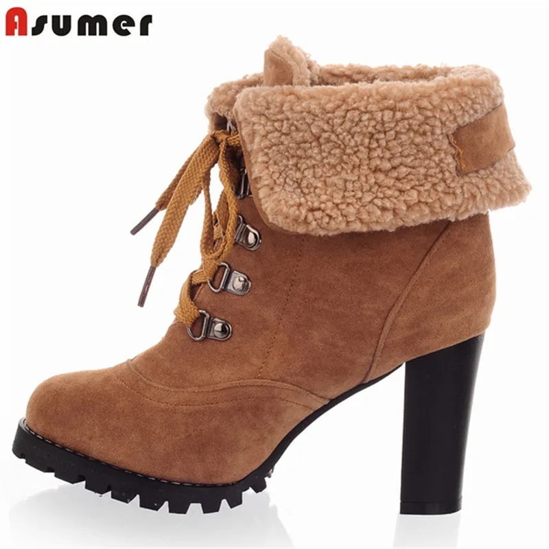 Женские ботильоны на толстом высоком каблуке со шнуровкой и мехом внутри|shoes fashion