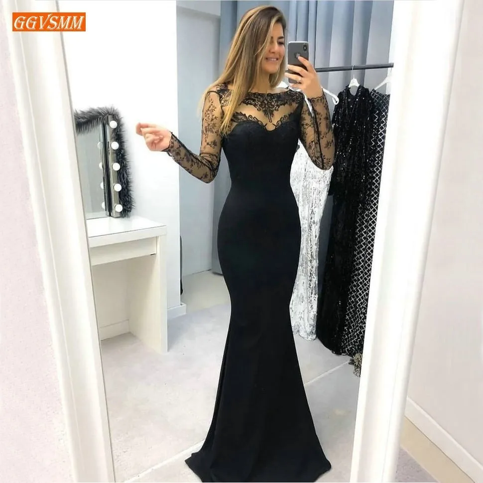 

Sexy Black Slim Fit Mermaid Evening Dresses Long Sleeves Customized Evening Gowns Transparent Lace Appliques Party Formal Dress