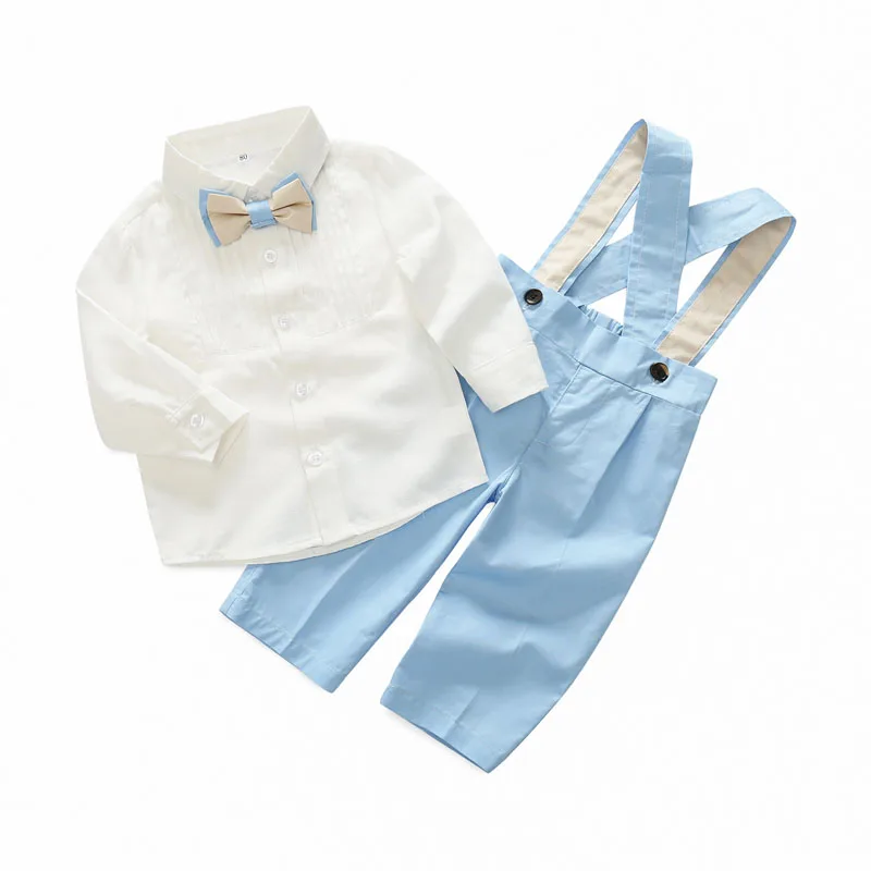 toddler clothing set for boys formal clothes baby long-sleeve shirt with bow tie + blue/green pants children party |