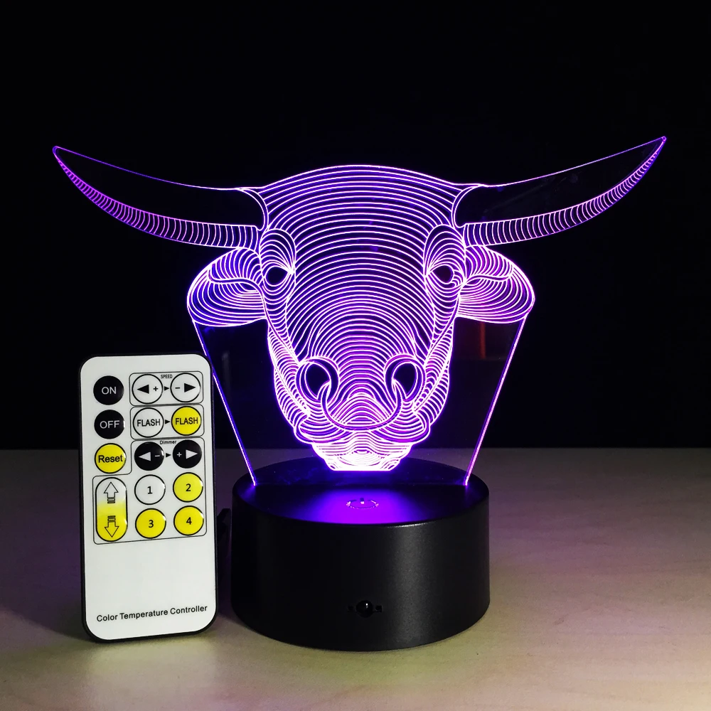 Светодиодная лампа с 3D рисунком животного быка корова USB 7 цветов|Ночники| |