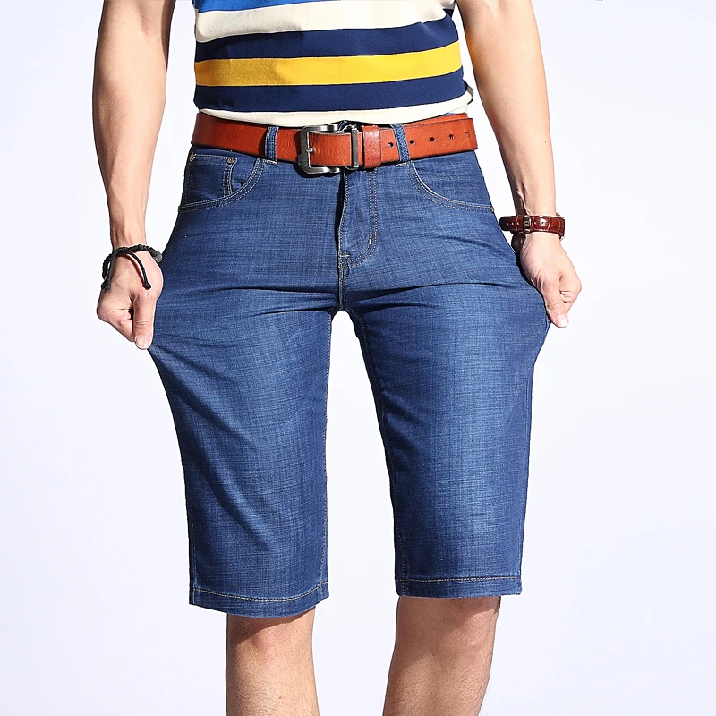 Summer Shorts Men Jeans Straight Solid Blue Stretch Thin Regular Fit Business Casual Breathable Soft Material Mens Short | Мужская