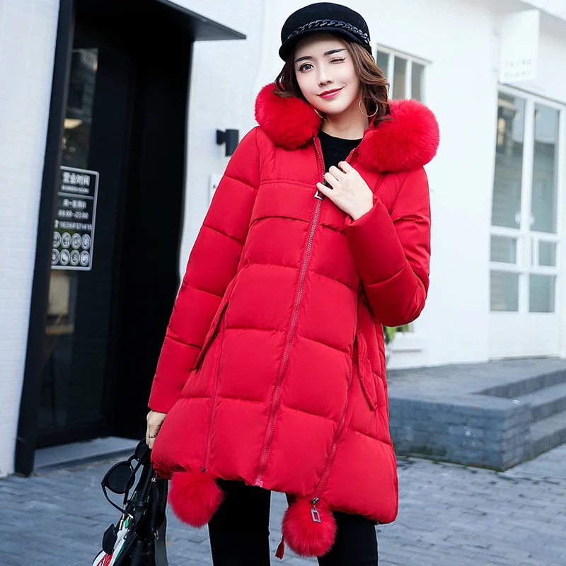 Зимние куртки 2017 Женская куртка парка средней длины пальто с меховым капюшоном