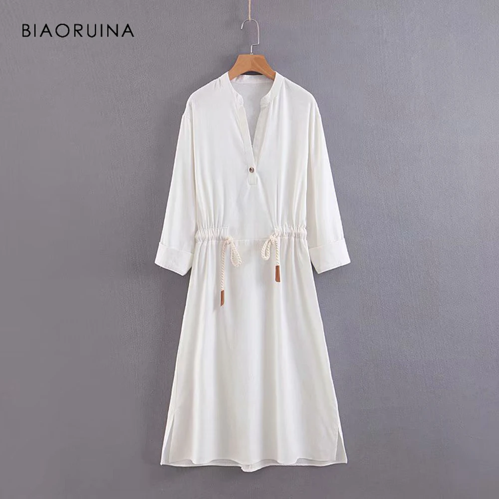 Женское Хлопковое платье трапеция BIAORUINA белое Повседневное с v образным вырезом и