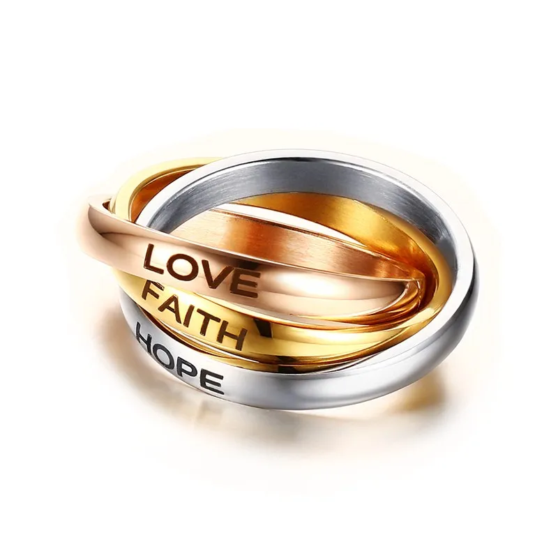 

Mprainbow Women Rings 3MM Stainless Steel Tri color Triple Interlocked Rolling Ring Wedding Band Laser LOVE HOPE FAITH Jewelry