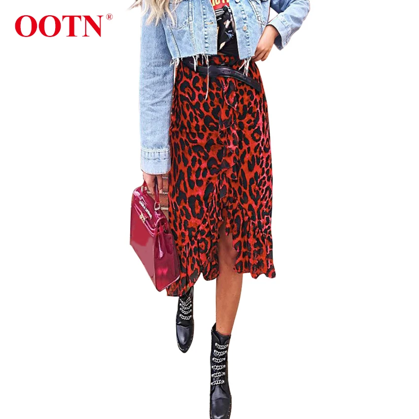 OOTN Винтаж Leopard Длинные юбки с принтом Для женщин осенняя юбка миди Высокая Талия