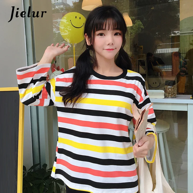 Jielur Chic простые осенние Для женщин Футболки Девушка Свободные круглым вырезом