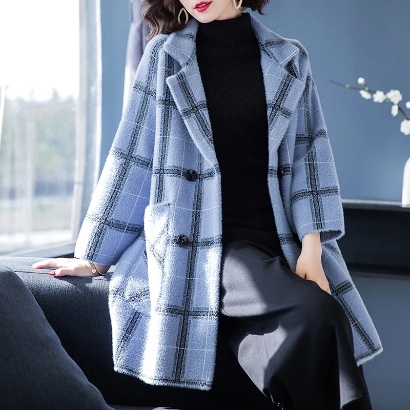 Brand Coat Fall Winter Women 2019 New OL Commuter Hit Color Plaid Big Pockets Lapel Thicken Double Breasted Loose | Женская одежда