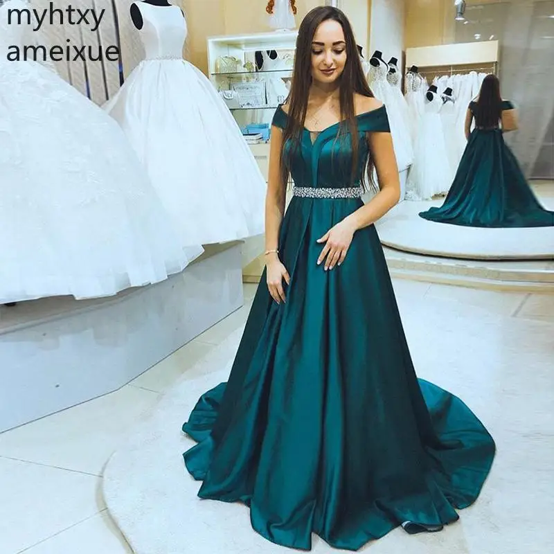 

Custom Off The Shoulder Prom Dress A-line 2021 Boat Neck Forest Green Gowns Short Sleeves Sweep Train Diamonds Sashes Plus Size