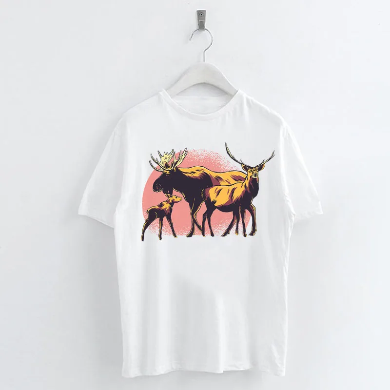 Qlychee/белые женские футболки с принтом животных Женские Moose Family Летняя женская