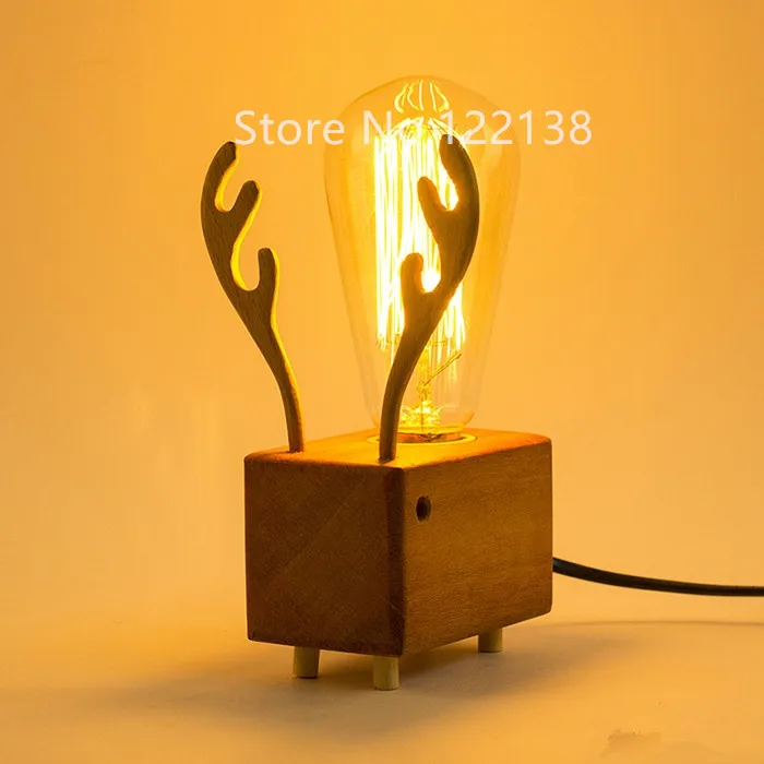 

Edison Bulbs Wooden shade Handmade Creative Oak Wood LED Night Table Lamp Desk Lighting Christmas Reindeer Gifts DIY Desk Light