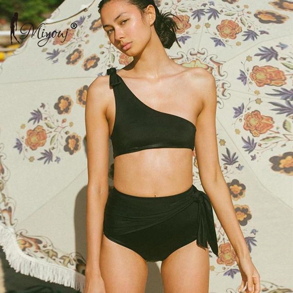Women high waist bikini off shoulder swimsuit strappy bow swimwear waisted women sexy biquini ruffled | Женская одежда
