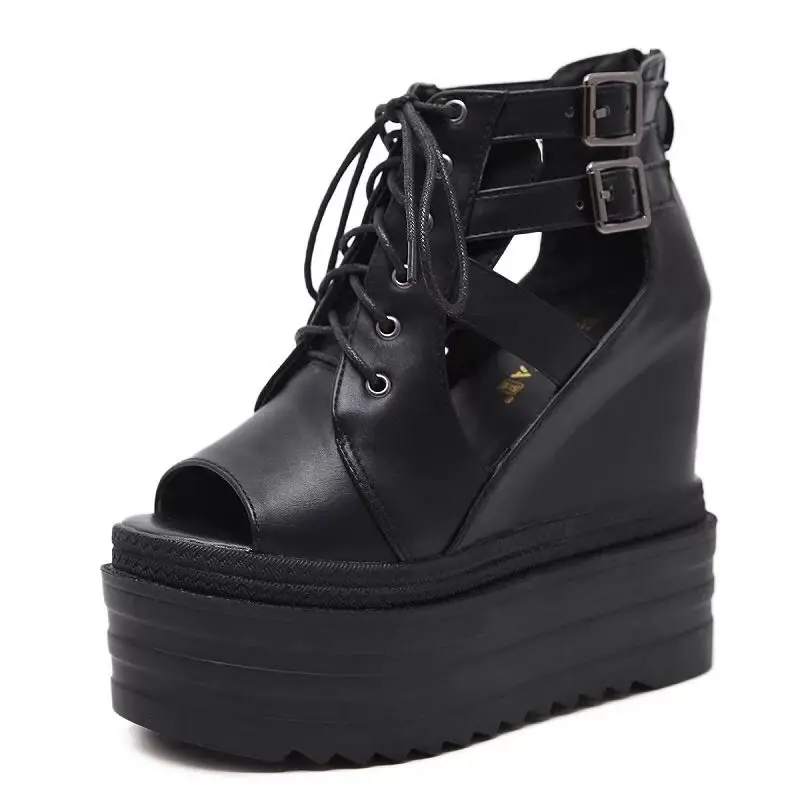

Womens 14CM thick bottom wedge sandals female 2019 new summer muffin bottom high heel Roman shoes increased fish mouth sandals