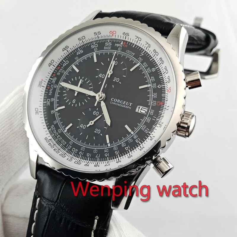 corgeut Chronograph mens watch 45mm black dial polished silver case Japan Quartz Movement W2868