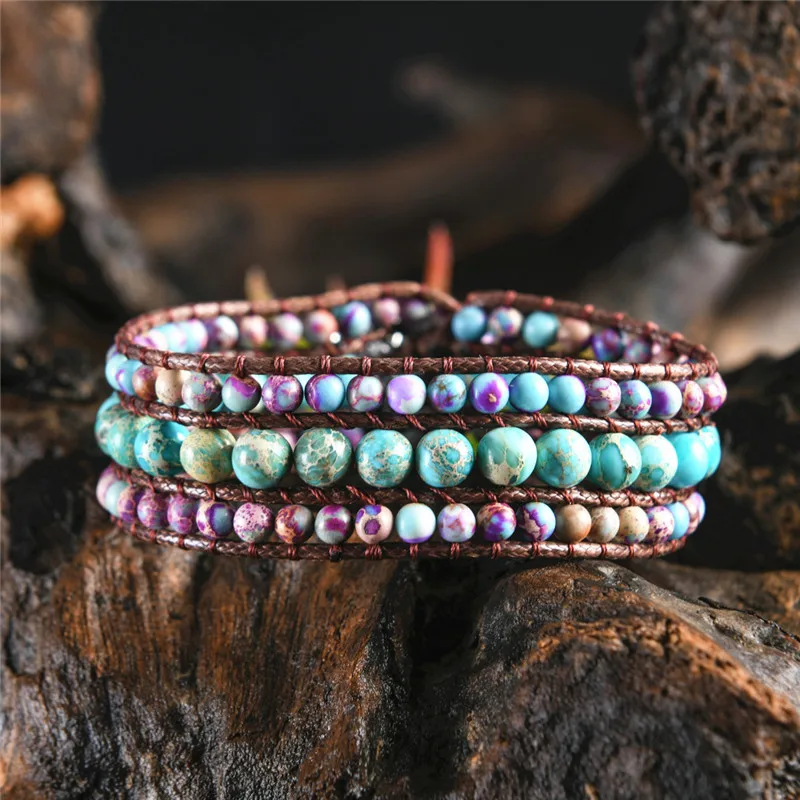 Женский трехслойный браслет Boho круглой формы Императорский камень с одним