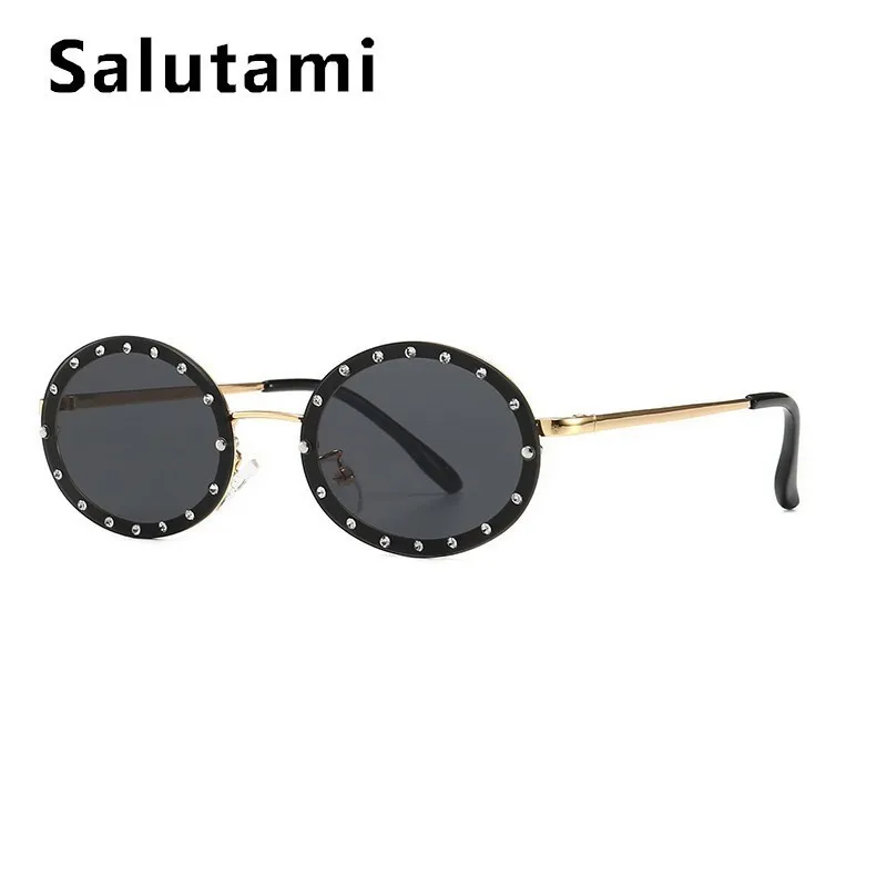 gold gray Цельными круглыми кристаллами Рамки Овальные Солнцезащитные очки для Для женщин Элитный Бренд стразы солнцезащитные очки для женщин, винтажные оправы Небольшой Сплав оттенков - Цвет линз: gold gray