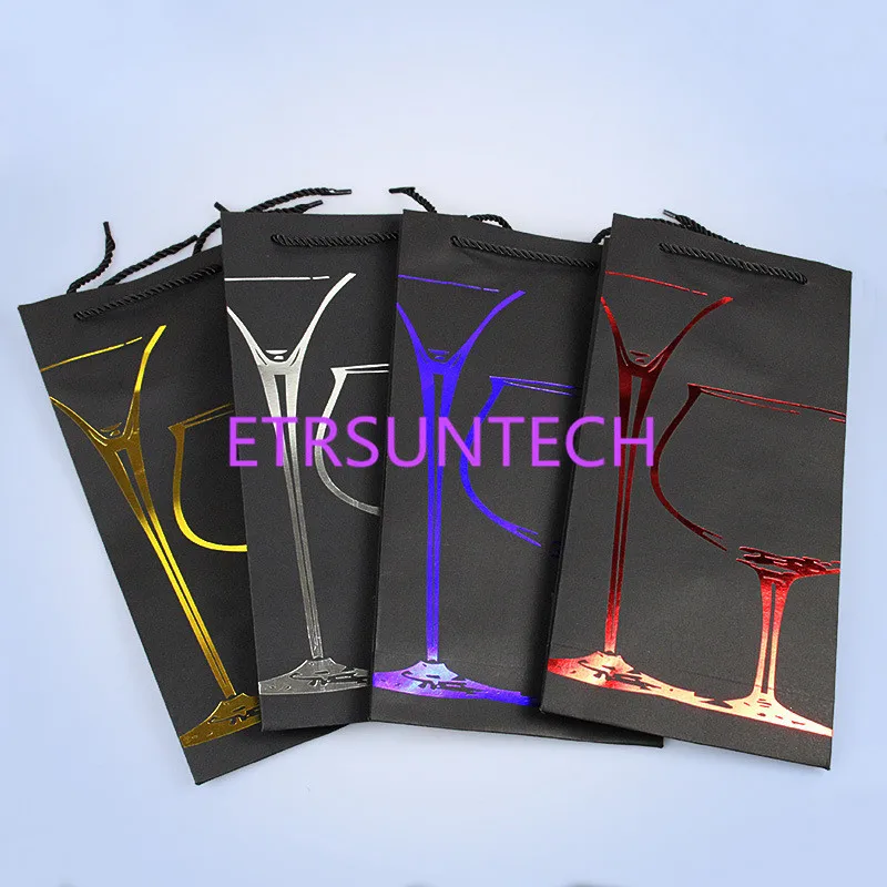 

100pcs/lot Black Card double Wine Bag Wine Box Packing portable gift bag Paper gift bags wholesale 17*8*35cm Surface bronzing
