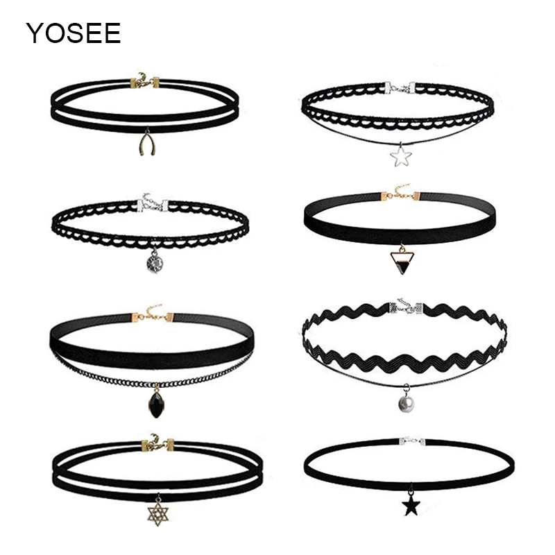 YOSEE 8 шт. ожерелье чокер черное кружевное кожаное женское с подвеской для