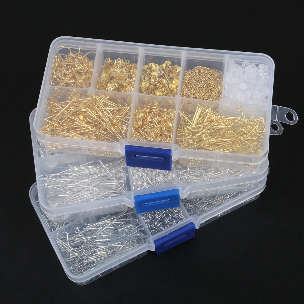 

DIY Jewelry Findings Kit Gold Silver Rhodium Clasp Pin Jumping Ring Chain Earring Base Hook Clasp Set for Jewelry Making Beading