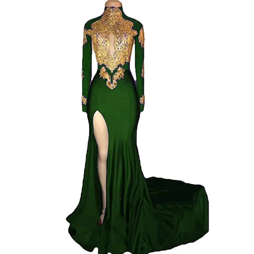 

2021 Gorgeous High Neck Mermaid Prom Dress Gold Lace Appliques Evening Party gown Long Sleeves Evening Dress vestido de festa