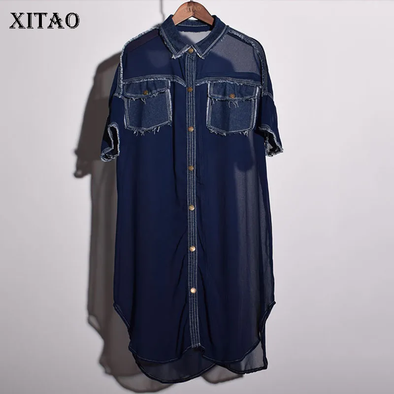 XITAO, шифоновая Женская Джинсовая блузка, летняя, короткий рукав, перспективная, тонкая, повседневная, Корея, Пляжная, сексуальная, женский топ и рубашка LJT3807