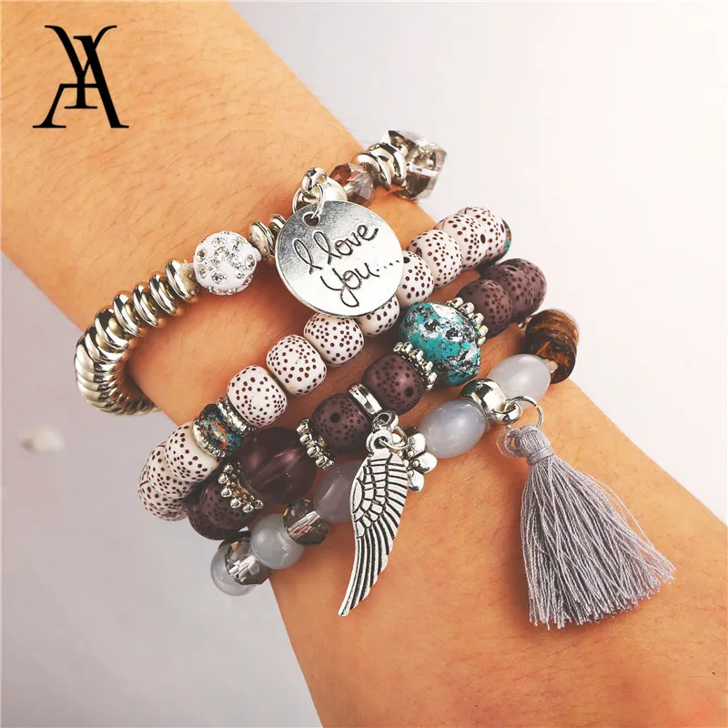 Женский браслет с кисточками и крыльями ангела I Love You многослойный Набор