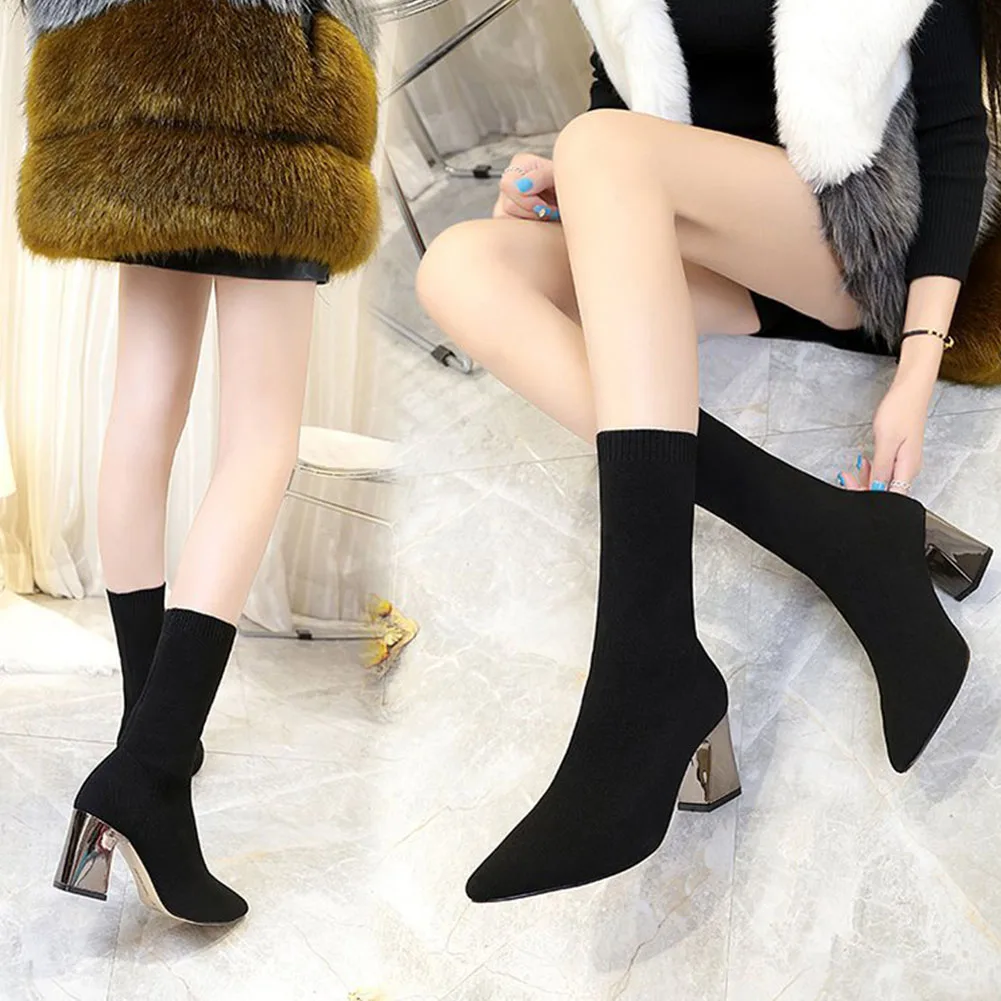 Fashion Ankle Elastic Sock Boots Chunky High Heels Stretch Women Autumn Boot Sexy Booties Pointed Toe Pump | Обувь