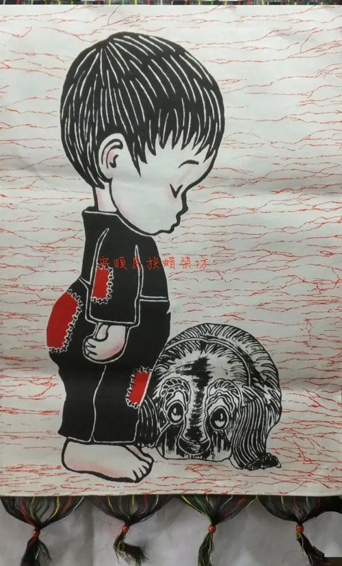 Miao ethnic minority handicrafts batik painting wall murals kids and dogs | Продукты
